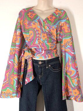 SMAK PARLOUR Top XL Wrap Retro Psychedelic Hippie Flare Sleeve Blouse